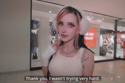 与女友逛商场没想到她里面不穿内裤